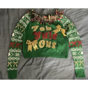 Planet Heart Women’s Size Medium Fab Yule Ous Christmas Sweater Green Sequin Bow